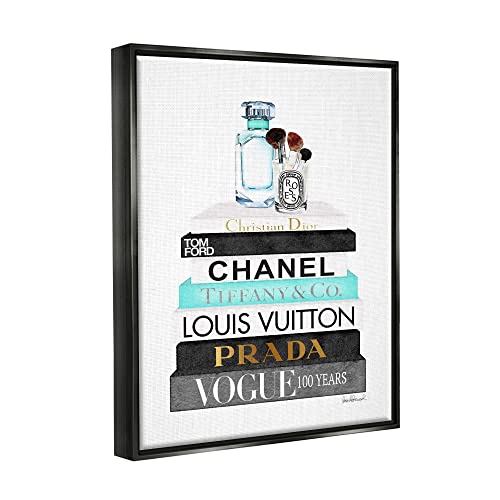 Image of Stupell Industries 'Bookstack with Beauty Brushes', Floating Frame Canvas Art, Gray, 17 x 21 Inches, Easy to Hang and Sturdy, Made in USA, by Amanda Greenwood