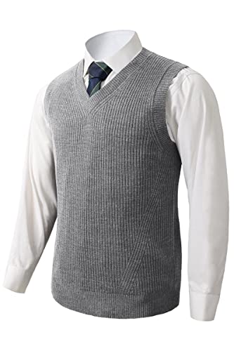 زهيلي سترة صوفية محبوكة للرجال برقبة على شكل حرف V، بلوفر سادة بدون اكمام، بلوفر صوف فضفاض مناسب لجميع المناسبات، لون رمادي، مقاس S