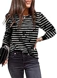 EVALESS Womens Fashion Striped Print Tops Round Neck Long Sleeve Tops Shirts Trendy Summer Spring 2026 Outfits Lightweight Loose Sweatshirts Black Small