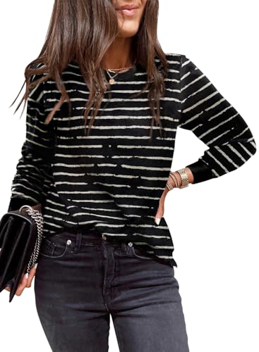 EVALESS Womens Fashion Striped Print Tops Round Neck Long Sleeve Tops Shirts Trendy Summer Fall 2025 Outfits Lightweight Loose Sweatshirts Black XX-Large