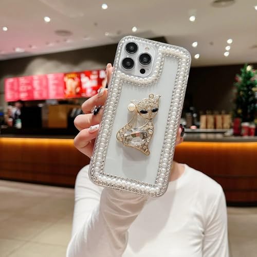 Image of COVERLY Luxury 3D Rhinestone Pearl Diamond Bling Kitty Phone Case for iPhone 15 Pro Max - Sparkle DIY Handmade Crystal Design, Soft Fashion Protective Case with Adorable Phone Charm for Women & Girls