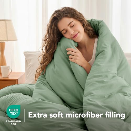 Image of King Comforter Set Prewashed Lightweight Quilted Bedding for All Season | 3PCS Sage Green Breathable Down Alternative Bedding Set with 1 Solid Comforter (104 inchx90 inch) and 2 Soft Pillowcases