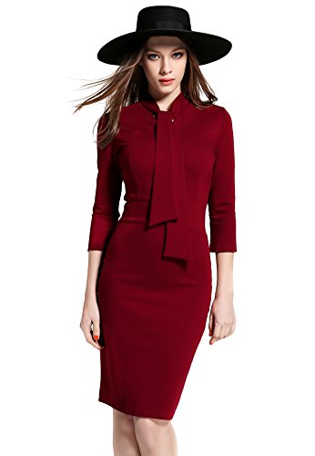 Women’s Retro 40s 50s Bowknot Collar 3/4 Sleeve Bodycon Casual Midi Dress