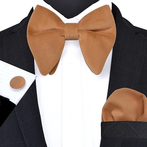 Image of GUSLESON Mens Solid Plaid Velvet Pre-tied Adjustable Bow Tie and Pocket Square Cufflink Set with Gift Box