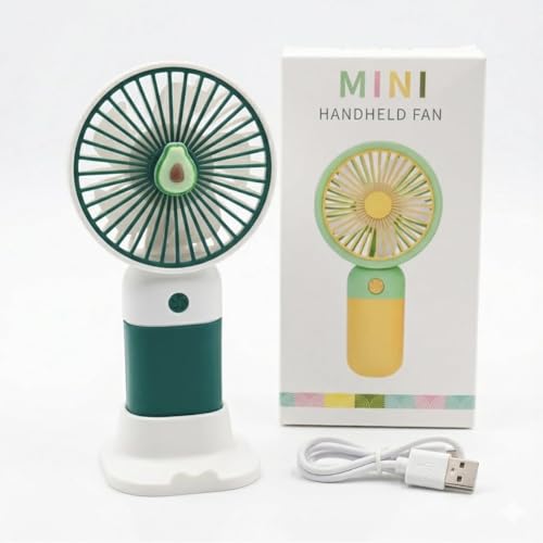 Image of Portable Mini Handheld Fan, USB Rechargeable, Fruit Design, with Desktop Stand, Button Control, Protective Net Cover- Avocado theme
