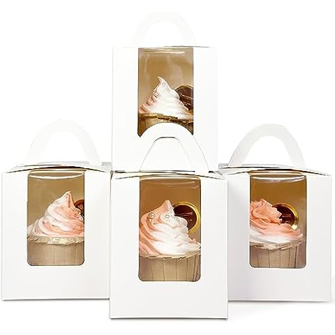 qiqee 100Packs Cupcake Boxes Individual Cupcake Holders Disposable White Single Cupcake Boxes with Window 3.7 * 3.7 * 4.5inch Cupcake Containers Cover