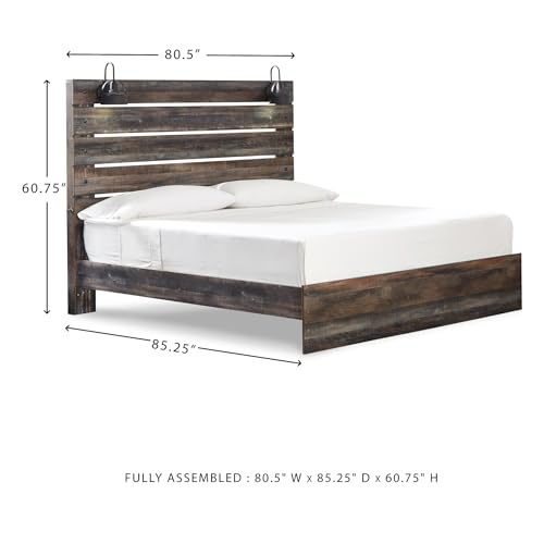 Image of Signature Design by Ashley Drystan King Panel Bed Frame with LED Sconce Lights, USB Power Ports, Engineered Wood and Decorative Laminate, Master Bedroom Setup, Dark Brown & Gray