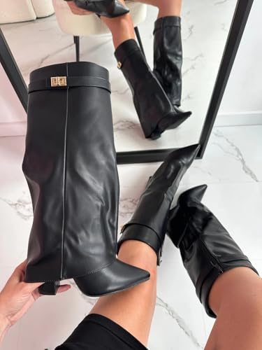 Knee High Boots for Women Fold Over Knee High Boots Chunky Heel Pointed Toe Long Boots Zipper Tall Boots4