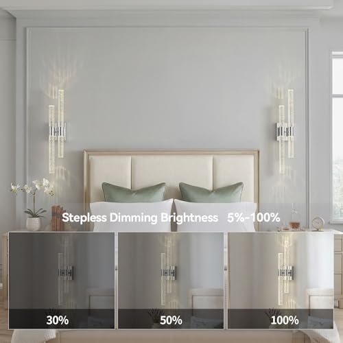 Image of Crystal Wall Sconces Set of Two Chrome Wall Sconce Hardwired LED Bathroom Vanity Light Fixtures 21.25in 4000K Vertical and Horizontal Wall Mounted Sconces for Bedroom, Living Room, Hallway