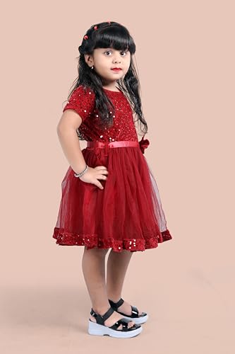 Image of Charming Girls' Kids Velvet & Net Frock with Knee-Length Short Sleeve A-line Round Neck Fit and Flare and Back Zipper Closure|Kids Dress for Baby Girls Birthday Outfit