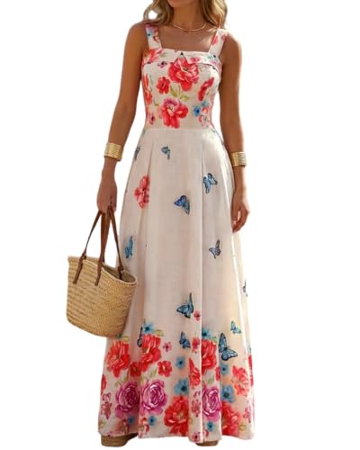 CHICME Womens Floral Butterfly Print Maxi Dress Quare Neck Spaghetti Strap Shirred Bodice Flowy A Line Boho Vacation Summer Beach Dress-Multicolor-XL