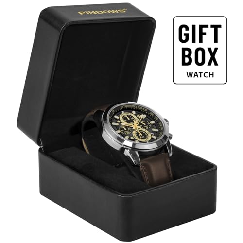 Image of PINDOWS Watch for Men Black Brown Leather Sport Multifunction Chronograph Watches Big Dial Fashion Quartz Wristwatches