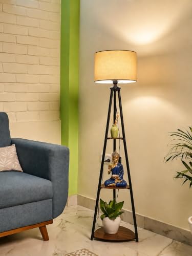 Tripod Floor Lamp with 3-Tier Display Shelves (Jute)