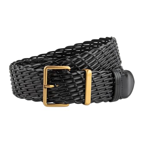 Women 1.8 Inches Braided Leather Belt with Gold Pin Buckle, Wide Hand Woven Design Waist Belt for Dress