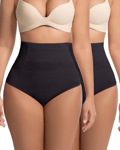 Image of 2 PCS Thong Shapewear with Tummy Control for Women, High Waisted Body Shaper Underwear Seamless Shapewear Black