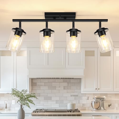 FadimiKoo 4-Lights Track Lighting Fixtures Ceiling with Clear Glass Shades, Modern Black Semi Flush Mount Ceiling Light, Rotatable Wall Mount Ceiling Lamp for Kitchen Hallway Bedroom