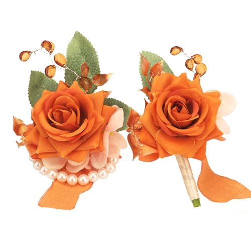 Weslymoo Burnt Orange Rose Corsage and Boutonniere Set