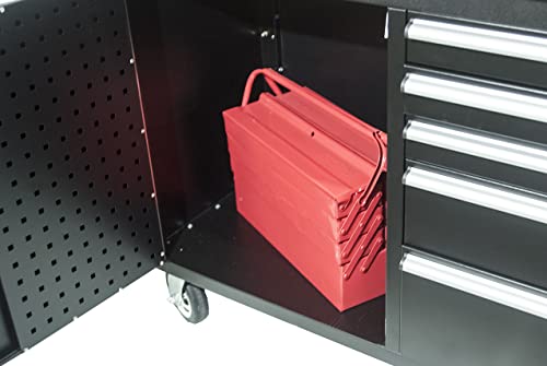 Foto von Profi 215cm Werkbank mit Schubladen, Werkzeugwagen mit 6 Rollen, fahrbare Werkbank, Massivholzplatte inkl. Rückwand mit Haken & 12 Ablagefächer. Profi Werkbank mit Lochwand & Schubladen