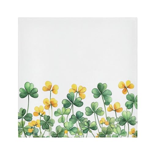 St. Patrick's Day Cloth Napkin Border of Green Clover Yellow Flowers Decor Cloth Napkin Set of 6 Washable Reusable Polyester Table Napkins for Family Dinner Party Holiday