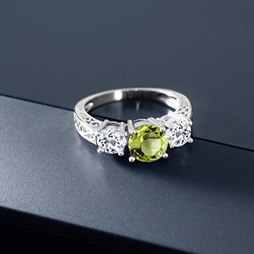 Gem Stone King 3-Stone Ring for Women | 925 Sterling Silver | Gemstone Birthstone and White Topaz | Round 7MM and 5MM | Wedding Engagement Anniversary Promise Ring with Filigree Band | Size 5-93