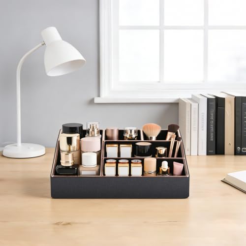 Image of PU Leather Makeup Organizer Tray,Large Vanity Organizer,Cosmetic Storage Box for Lipstick Brushes Skincare Perfume,Cosmetic Display Case Rose Gold-trimmed for Dresser,Bathroom Countertop(Black)