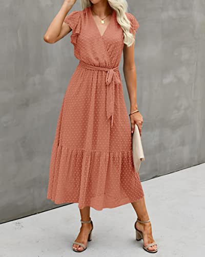 Image of BTFBM Women Summer Bohemian Floral Casual Wrap V Neck Ruffle Cap Sleeveless Belt A-Line Pleated Hem Midi Sun Dress White