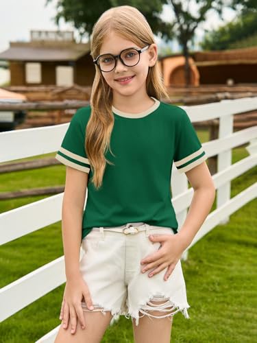 Image of Haloumoning Girls Short Sleeve T Shirts Kids Summer Crewneck Color Block Tops Fashion Tees 5-14 Years