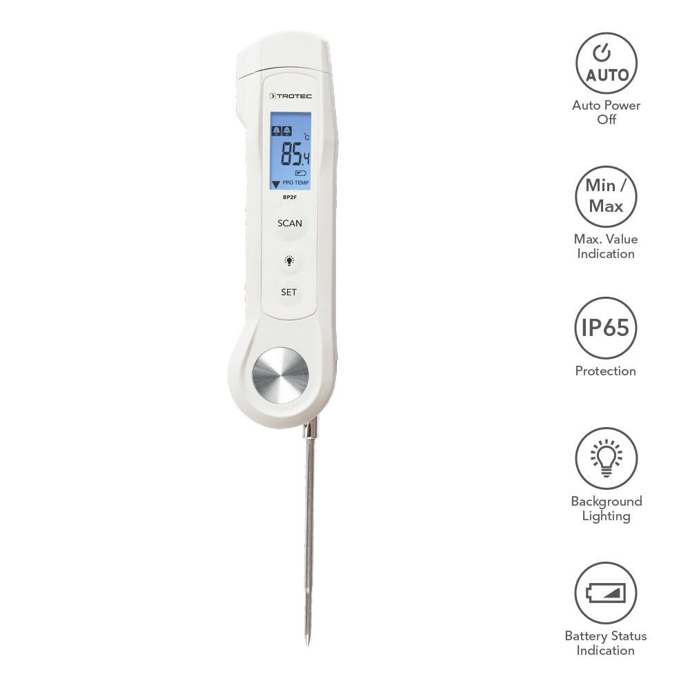 TROTEC BP2F Termometr do żywności pomiar temperatury wnętrza od -40 °C do +200 °C/280 °C termometr na podczerwień do produktów spożywczych