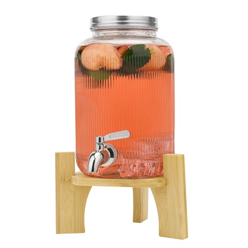 4L Getränkespender aus Glas mit Zapfhahn, Getränkespender für Partys, Getränkespender aus Glas mit Ständer und Edelstahlhahn, für Cocktails, Saft, Wasser, Getränke