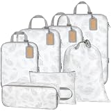 Cambond Compression Packing Cubes for Suitcases - 7 Pack Luggage Travel Packing Organizers Compression Cubes for Travel Essentials with Laundry Bag and Underwear Bag (White Teardrop-shaped Texture)