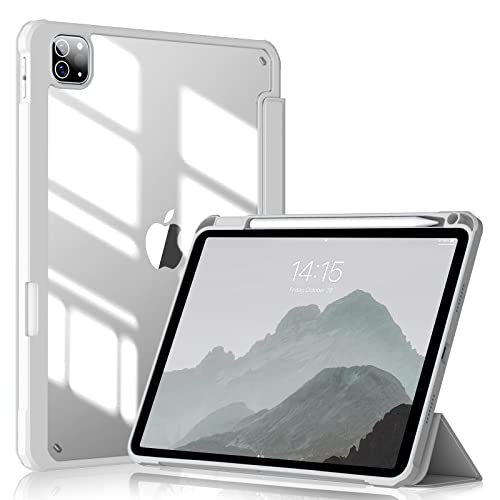 kenke Case for iPad Pro 12.9 Inch 6th/5th/4th Generation 2022/2021/2020 -[Built-in Pencil Holder] Trifold Stand Shockproof Smart Cover with Clear Transparent Back Shell, Auto Sleep/Wake, Gray White