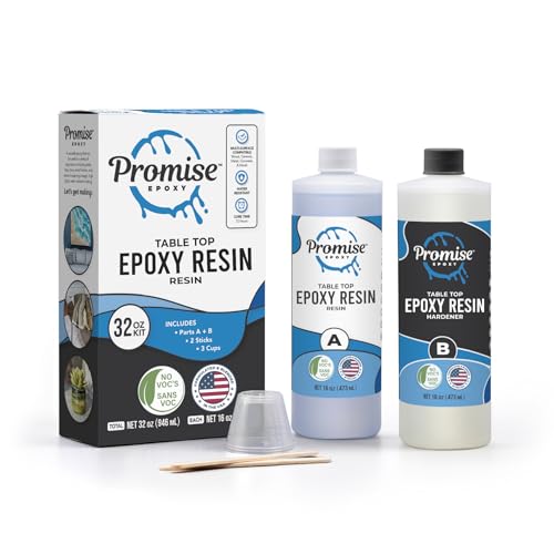 Promise Epoxy Table Top Epoxy Resin Kit 32 oz (16 Oz Resin and 16 Oz Hardener Set) – Clear Coat for Table Top Art with Mixing Cups, and Stir Sticks, Hand Mix DIY Casting Supplies