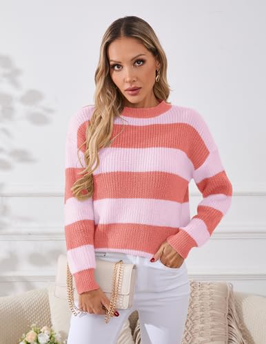 Image of Libsorge Womens Striped Sweater Oversized Cute Color Block Sweaters Spring 2026 Trendy Knit Crew Neck Thin Pullover