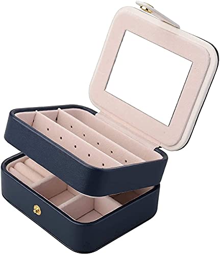 SENWEI Schmuckkästchen aus Kunstleder, 2 Ebenen, mit Spiegel für Ohrringe, Halsketten, Schmuck, Armbänder, Organizer, Schmuckaufbewahrung, Weiß (dunkelblau) Cover