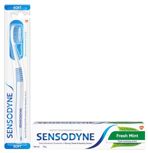 Image of Sensodyne Toothpaste Fresh Mint, Sensitive tooth paste for daily sensitivity protection, 75 gm & Sensodyne Toothbrush, 1 piece,Color may vary