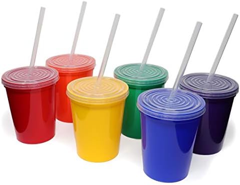 Rolling Sands 16 Oz. Reusable Plastic Stadium Cups with Lids, 6 Pack, USA Made Tumblers and Lids, Includes 6 Reusable Straws; Dishwasher Safe, Rainbow
