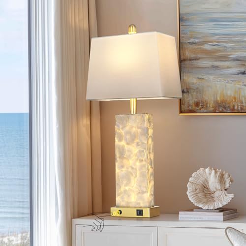 Cinyirong 28 Shell Coastal Table Lamp Bedside Lamp with Night Light USB A+C Ports Modern Sea Shell Bedside Night Stands Light for Beachy Cottage Decor (Gold)