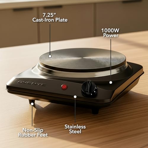 OVENTE Electric Countertop Single Burner, 1000W Cooktop with 7.25 Inch Cast Iron Hot Plate, 5 Level Temperature Control, Compact Cooking Stove and Easy to Clean Stainless Steel Base, Black BGS101B by OVENTE - Image 3
