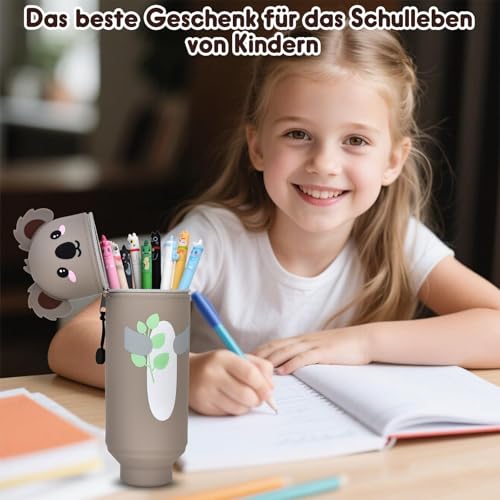LVZONGXIN Kawaii Federmäppchen, 2-in-1 Weiche Silikontasche - Tischstifthalter, Reißverschluss, Silikon, Stiftetasche Buntstifte Marker, H 18,5 cm (Koala)