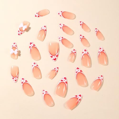 Image of White French Tip Press on Nails Heart Fake Nails with 3D Bow Design Nude Glue on Nails Glossy Artificial Acrylic Full Cover Stick on Nails Medium Almond False Nails for Women Manicure