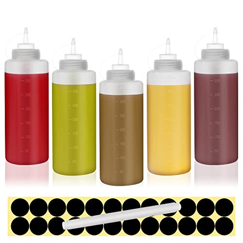 Happybase 12oz Squeeze Bottles with Caps, 5 Pack 360ml Squeezy Sauce Bottles, Plastic Squeeze Dispensers with Measurements for Ketchup, BBQ, Sauces, Syrup, Dressings