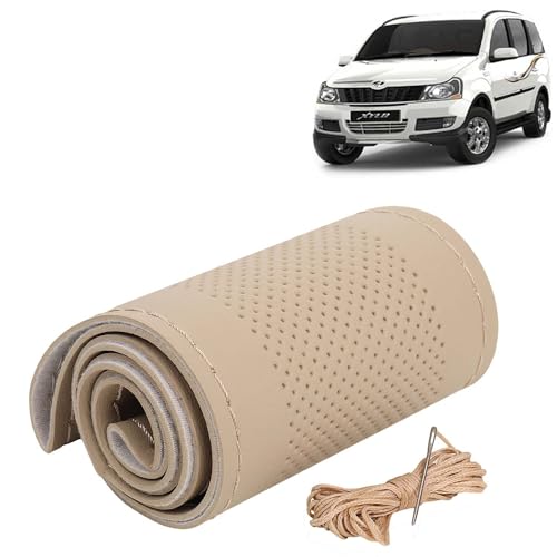 Image of KINGSWAY PU Leatherite Car Steering Cover Sewable Compatible with Mahindra Xylo (Year 2009-2017), Beige Color with Beige Thread, Pack of 1 with Sewing Needle and Thread