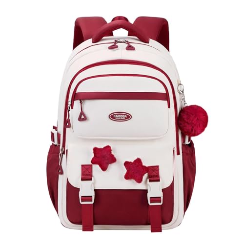 GRUOTEIS Girls Backpack for Kids Elementary Middle School, Backpack for Teen Girls School Bag, with Star Pins and Furry Pendant, A08-Wine-red