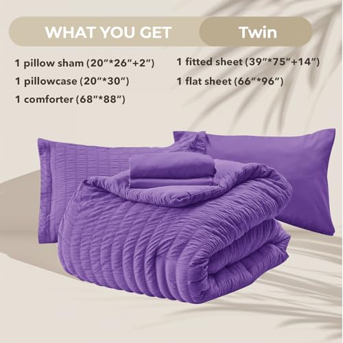 Image of HYMOKEGE Bright Purple Twin Comforter Set Seersucker 5 Pieces, All Season Luxury Bed in a Bag for Bedroom, Bedding Set with Comforter, Sheets, Pillowcase & Sham