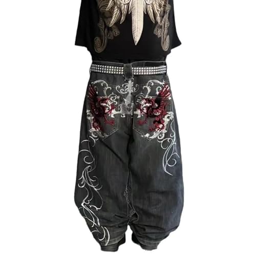Men's Hip-Hop Dance Jeans Black Denim with Dragon Embroidery Studded Belt Wide Leg Style