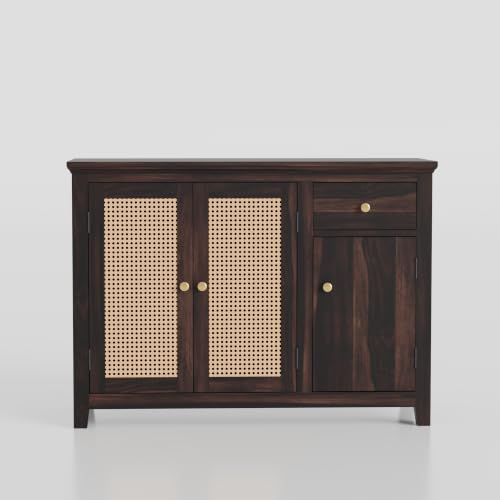 Image of Solid Sheesham Wood Sideboard Cabinet with 2 Cane Doors, Storage Shelves & Drawer | Wooden Storage Cabinet for Living Room, Dining Room & Hallway | Buffet Console Cabinet for Home Decor |Walnut Finish