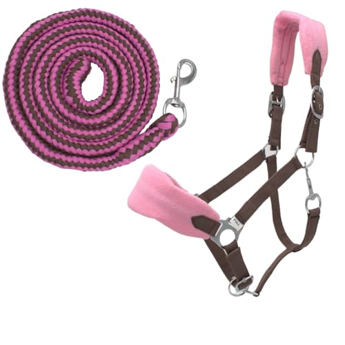 PFIFF 103103 Halfter-Set „Sunny“, 3-teiliges Set aus Halfter, Strick und Fliegenfransen, individuell anpassbar, Braun-Pink, Pony