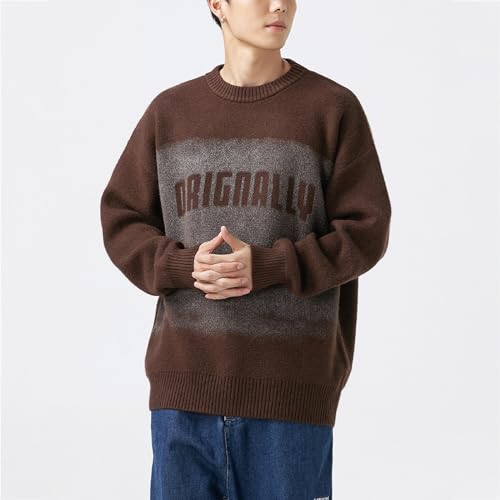 Pull tricoté pour hommes coupe unie marron taille XL ample style rétro