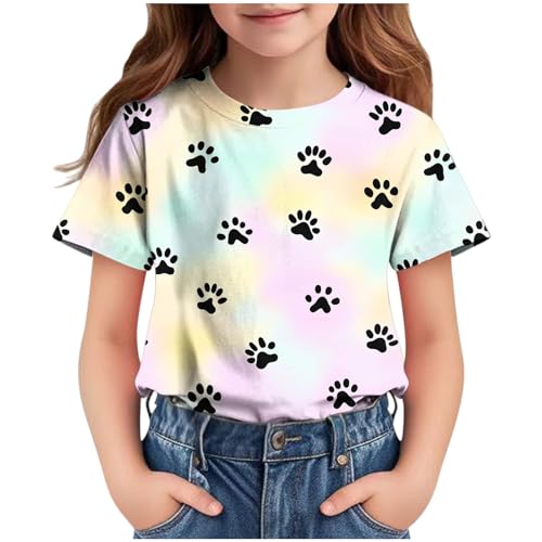 Girls Dog Paw Print T-Shirt Short Sleeve Graphic Tees Shirts Summer Cute Tshirts Tops
