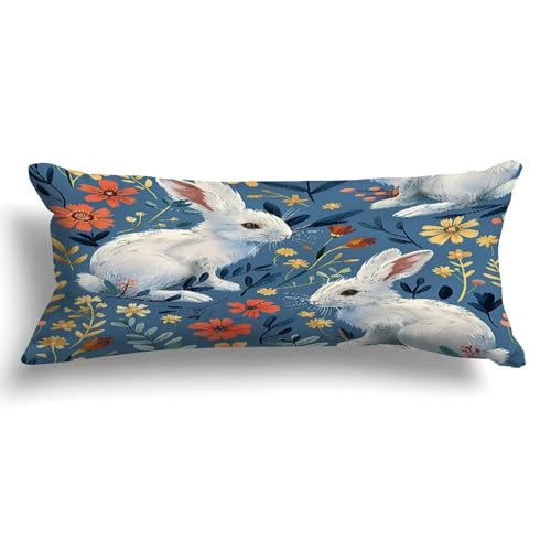 Long Pillow for Sleeping,Retro Rabbits and Floral Long Body Pillow with Zipper 20x54in,Decorative Rectangle Body Pillowcase Case for Bedding Bedroom Sofa Couch Home Decoration